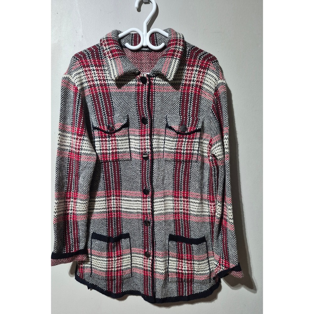 Olsen Cora Relaxed Fit Plaid Knit Cardigan Jacket Red Navy Cream Women US M/10